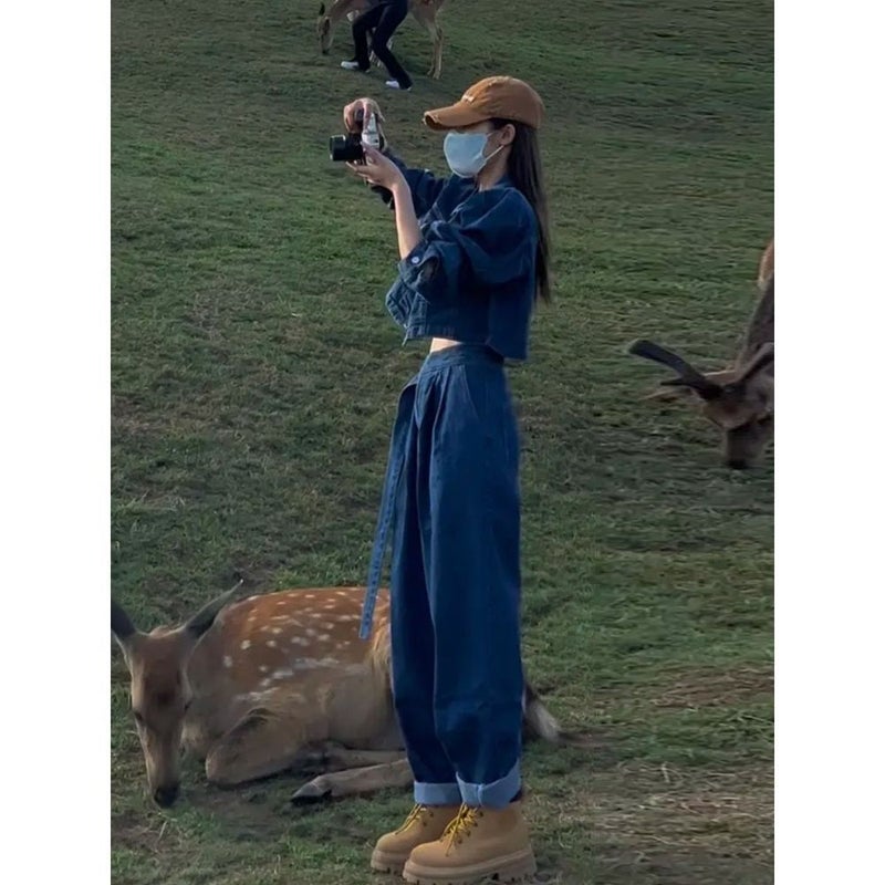 جاكيت قصير بأكمام منتفخة بأسلوب ملحمي جديد لخريف 2023 مع بنطلون جينز هاريم بدلة جينز جديدة للنساء - Image 1